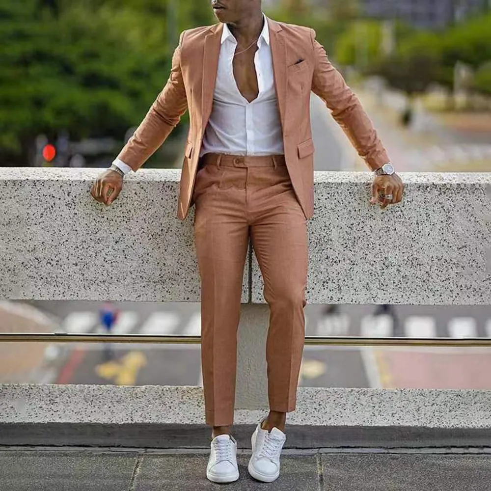 Men's Business Solid Notch Lapel Chest Pocket Single Breasted Blazer & Pants 2Pcs Set