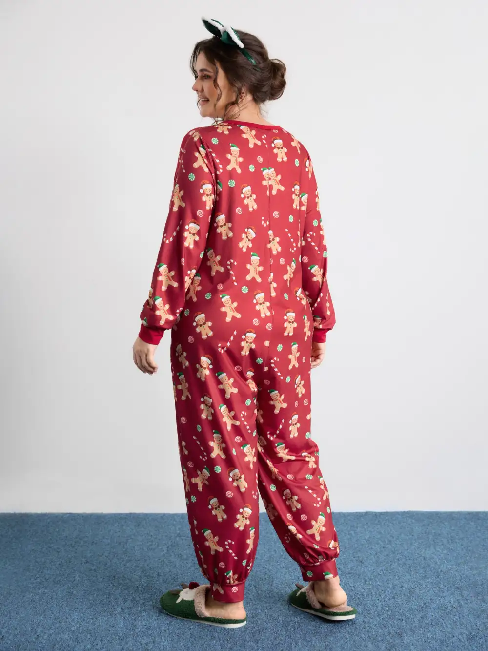 Gingerbread Print Button Placket Jumpsuit