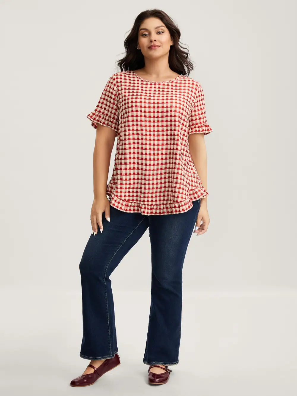 Gingham Print Button Back Blouse