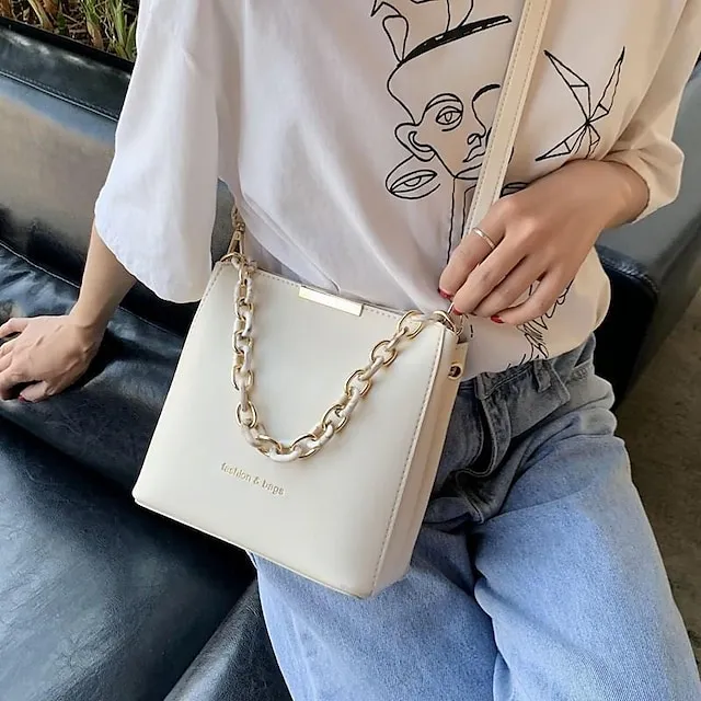 Women's Crossbody Bag PU Leather Daily Holiday Chain Large Capacity Waterproof Breathable Solid Color Black Blue Green