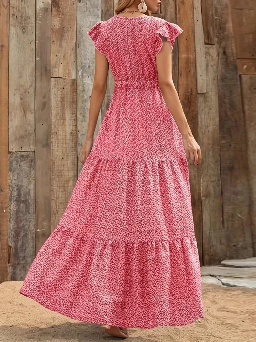 Ditsy Floral Print High Waist Dress, Elegant Ruffle Trim Sleeveless V Neck Maxi Dress, Women's Clothing