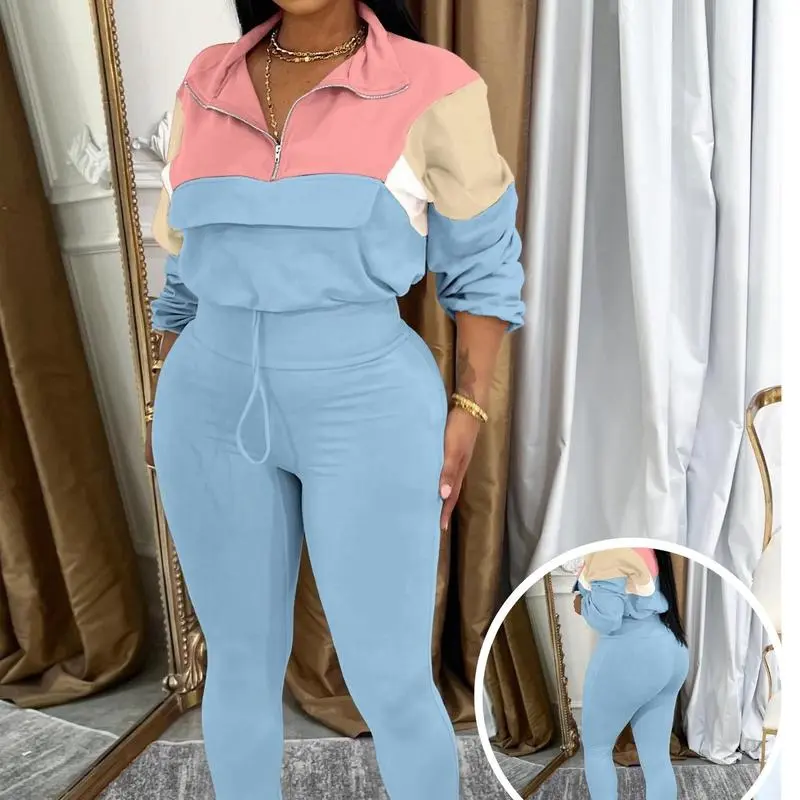 Women's Two - Piece Knit Tracksuit: Zip Jacket & Elastic Waist Pant, Pink - Blue Colorblock