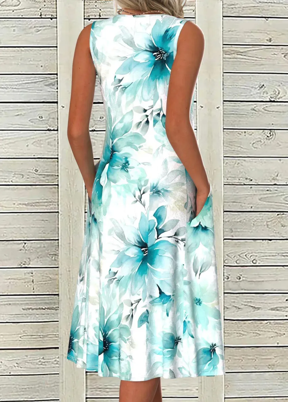 Blue Pocket Floral Print A Line Sleeveless Dress