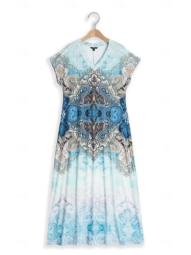 Women's Casual Dress Graphic Tribal Split Hem V Neck Maxi Dress Boho Vacation Short Sleeve Summer