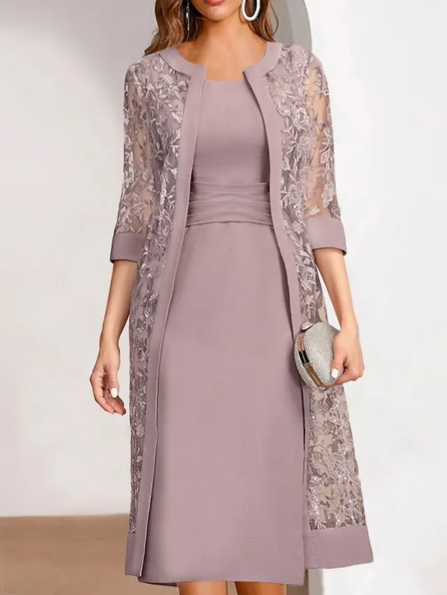 Women's Lace Dress Dress Set Two Piece Dress Midi Dress Pink Half Sleeve Pure Color Mesh Summer Spring Fall Crew Neck Fashion Office Wedding Guest 2023 S M L XL XXL 3XL