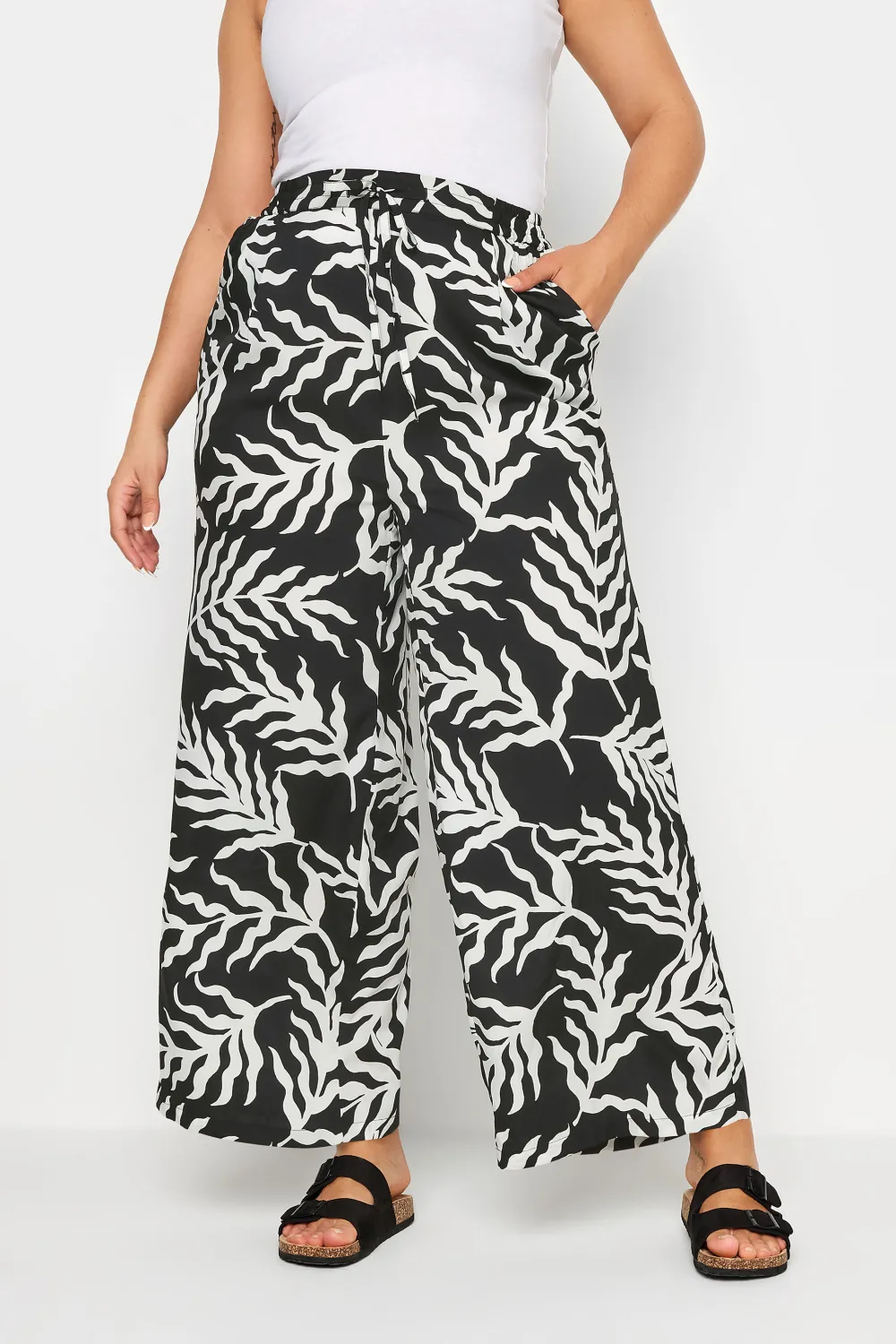 YOURS Curve Blue Abstract Print Drawstring Wide Leg Trousers