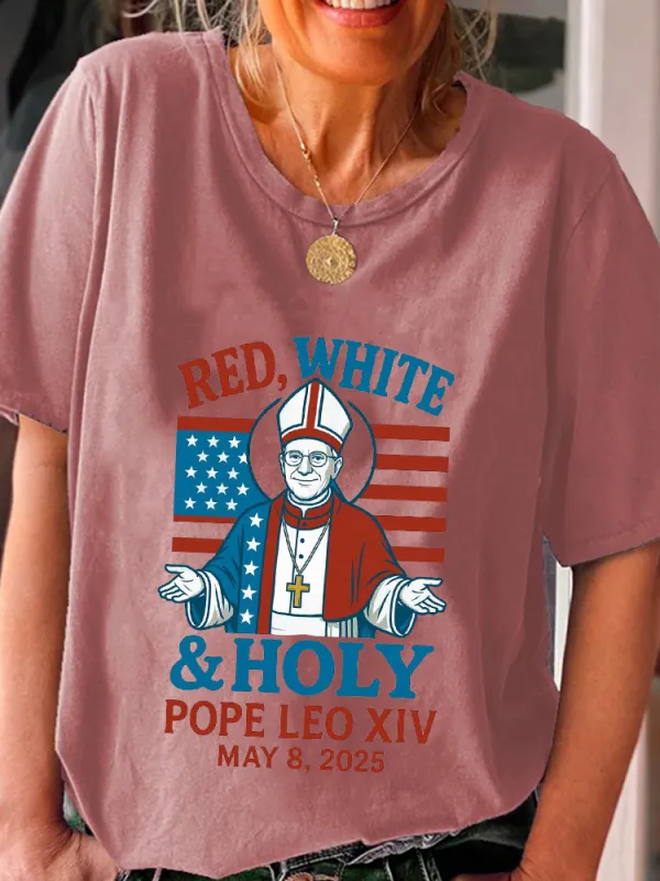 Women'S Red White And Holy Pope Leo Xiv 8th May 2025 Round-Neck Short-Sleeved T-Shirt