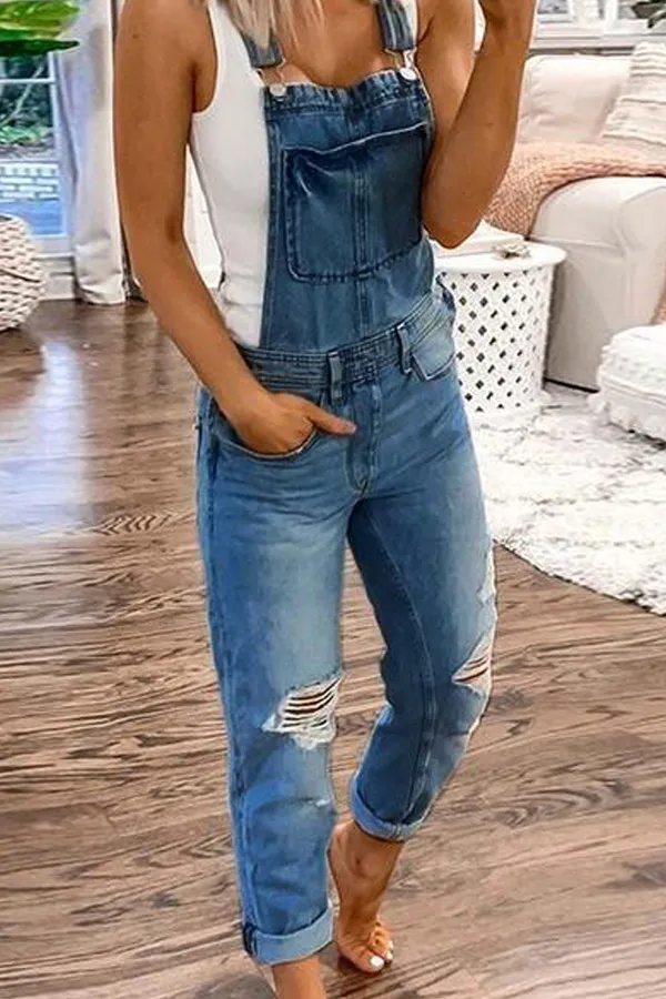 Casual Pocket Design Cut Out Denim Jumper Overalls