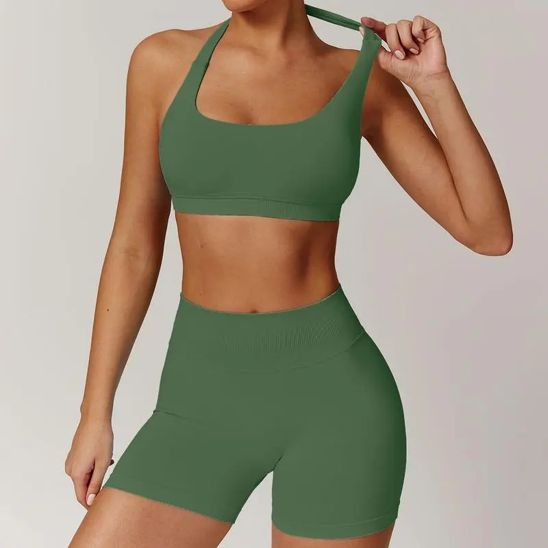 Women's Backless Halter Crop Top & High Waist Shorts Activewear Set