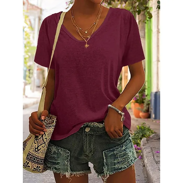 T shirt Tee Women's Black White Dark Red Plain Basic Daily Daily V Neck Regular Fit S