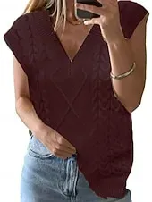 Women's Sweater Sweater Vest Streetwear Casual Solid Color Cable V Neck Knitted Sleeveless Regular Tops Knit Daily Holiday Weekend Wine Red Black Spring Fall