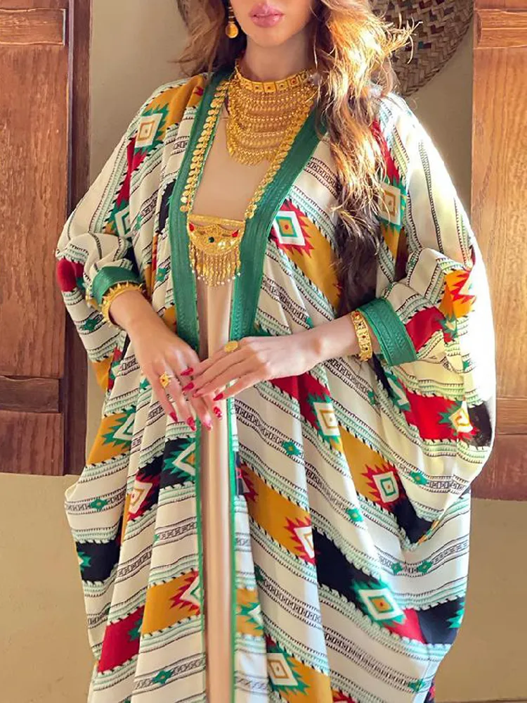 Fashion Stripe Bat Sleeve Tank Top Dress Coat Two Piece Set