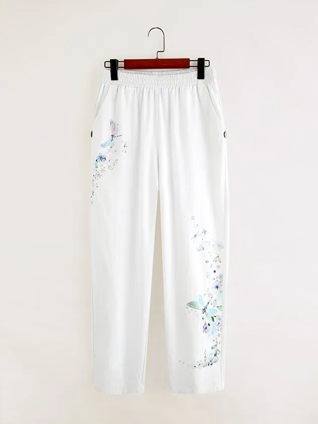 Daily Casual Cotton Linen Floral Dragonfly Print Baggy Pant