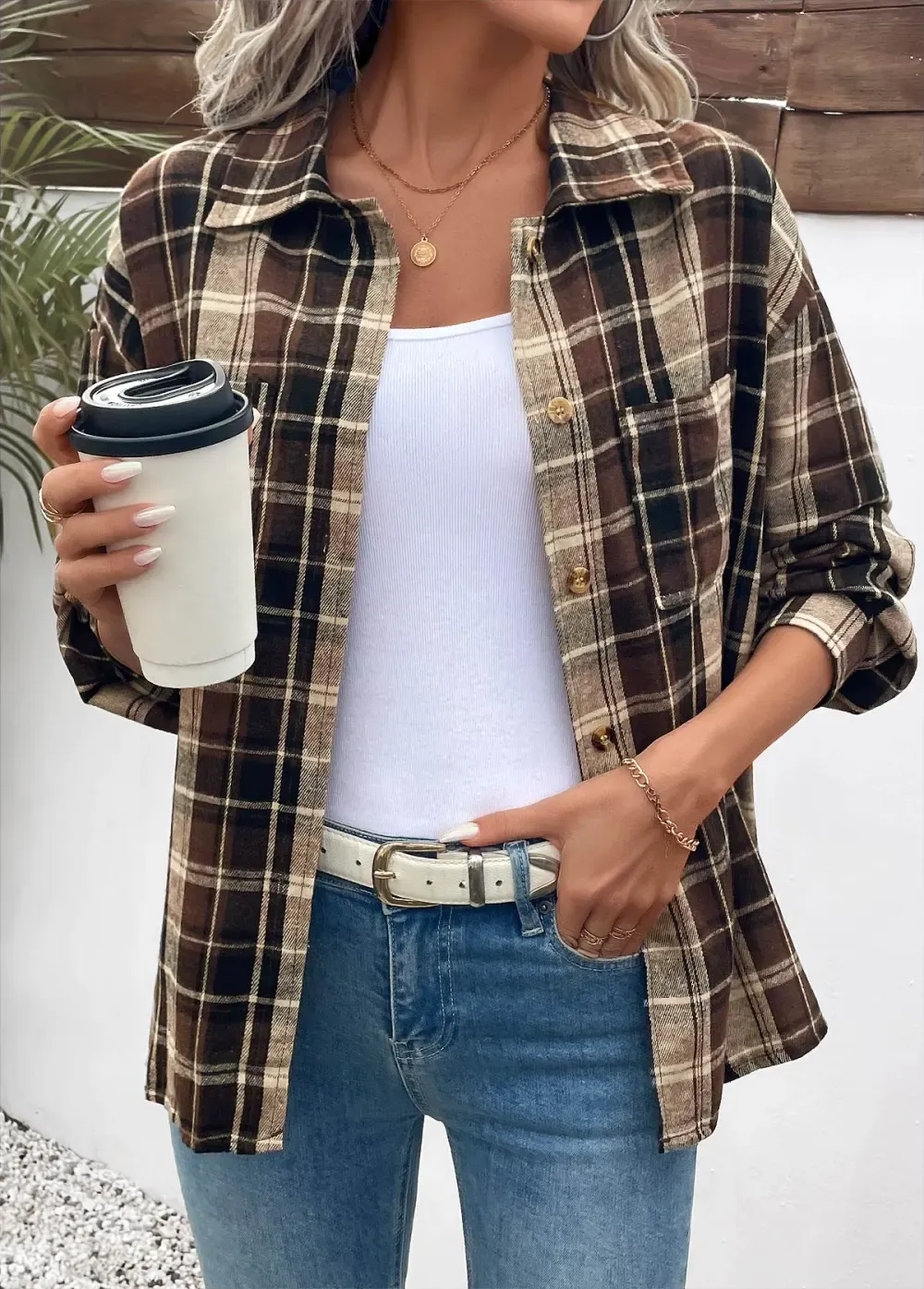 Dark Coffee Curved Hem Plaid Long Sleeve Shirt