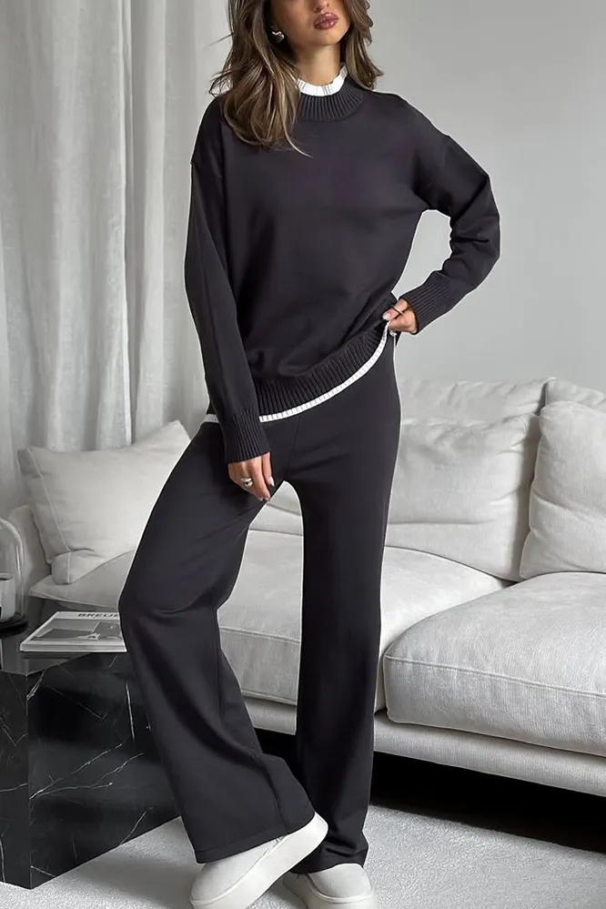Women's Fashion Contrast Color Fake Two-piece Top & Pants Two-piece Set