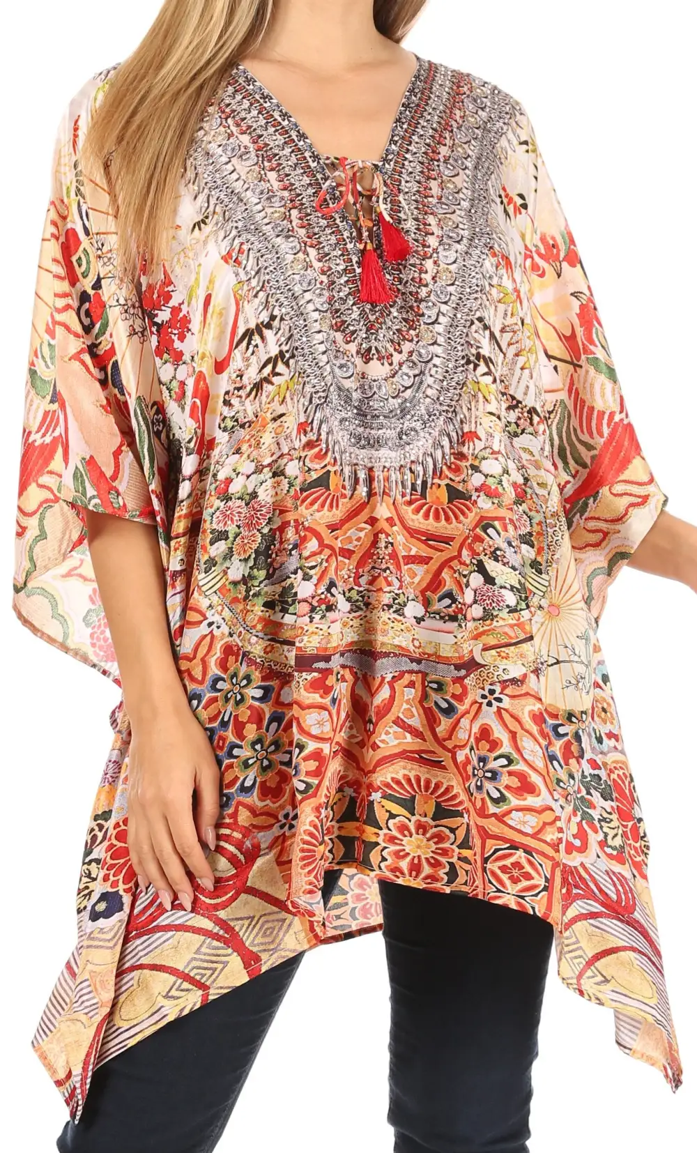 Women's Caftan Poncho Cover up V neck Top Lace up With Rhinestone