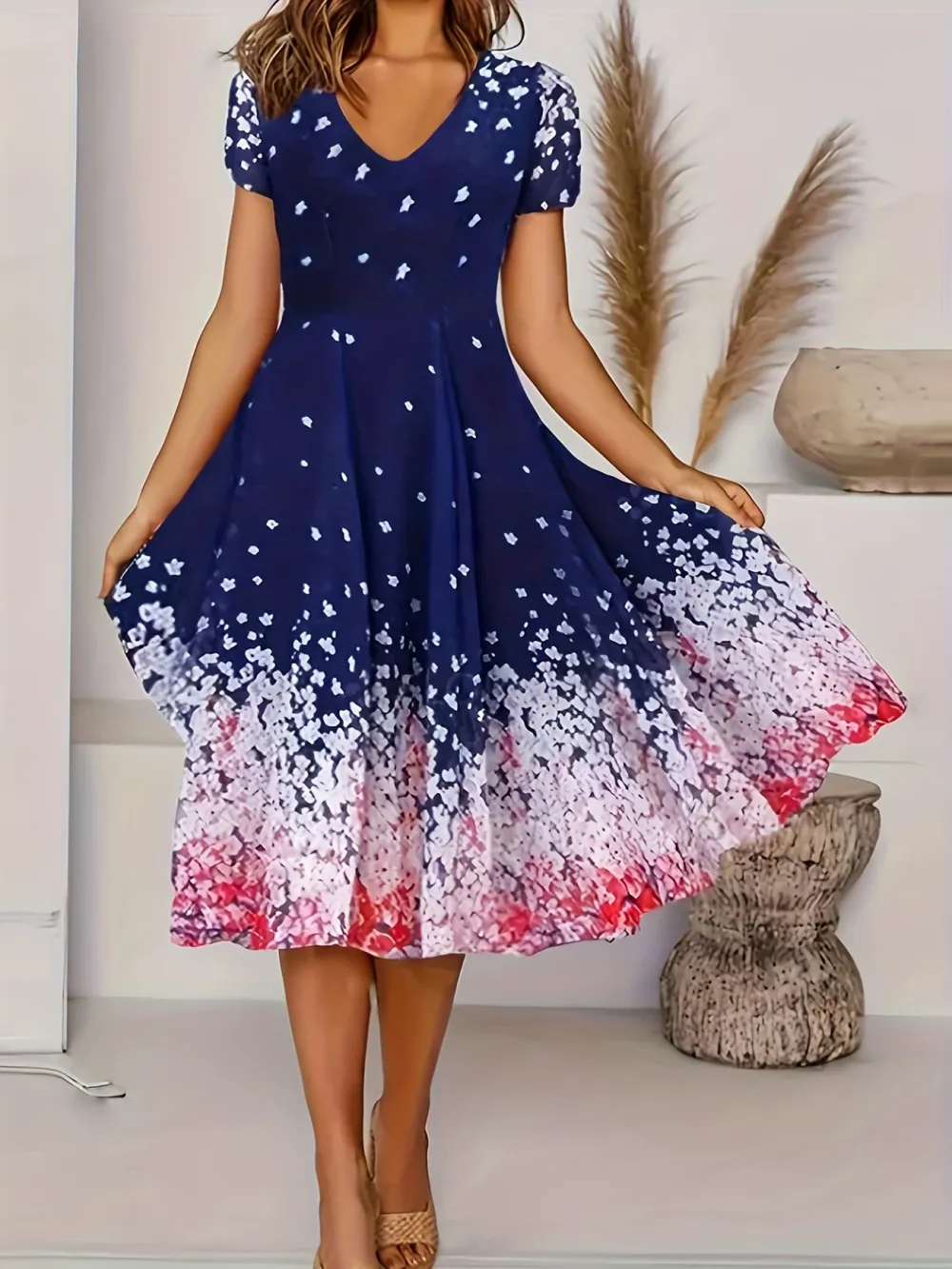 Vibrant Floral Print V-Neck Short Sleeve Casual Dress