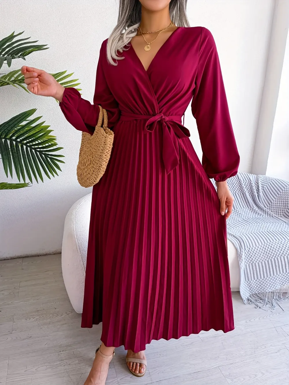 Chic Pleated Dress with Surplice Neckline