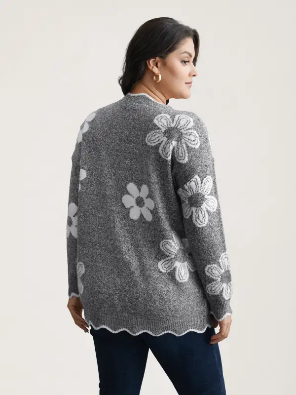 Floral Pattern Open-Front Knitted Cardigan