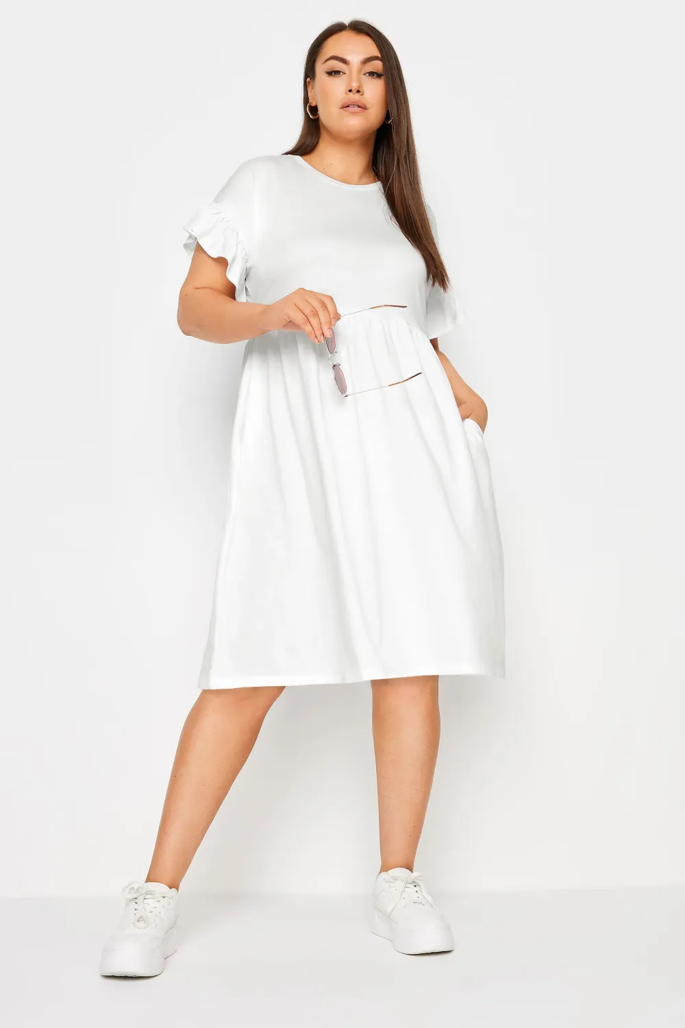 YOURS Curve Black & White Stripe Frill Sleeve Smock Tunic Dress