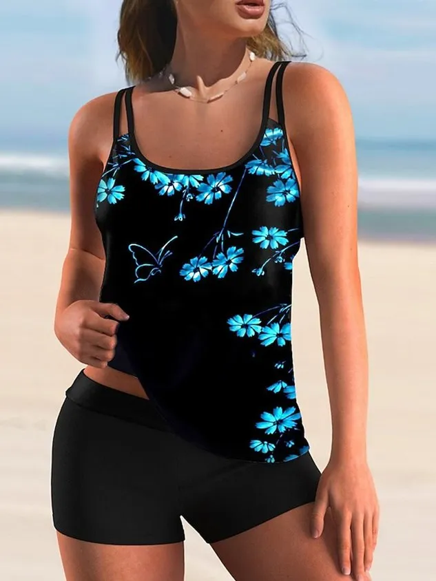 Floral Printing Scoop Neck Vacation Tankini