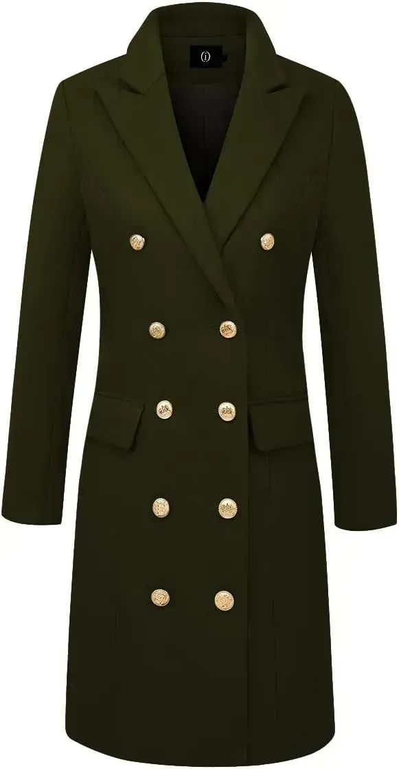 Womens Fall Winter Wool Coats Double Breasted Midi Peacoat Trench Coats