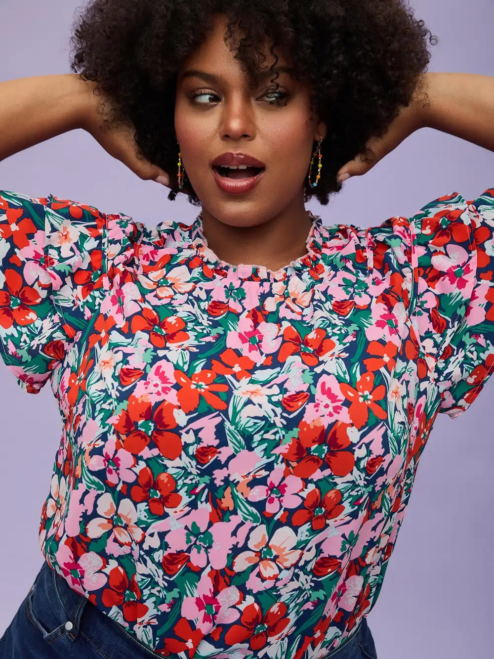 Groovy Floral Print Ruffled Layered Sleeve Blouse