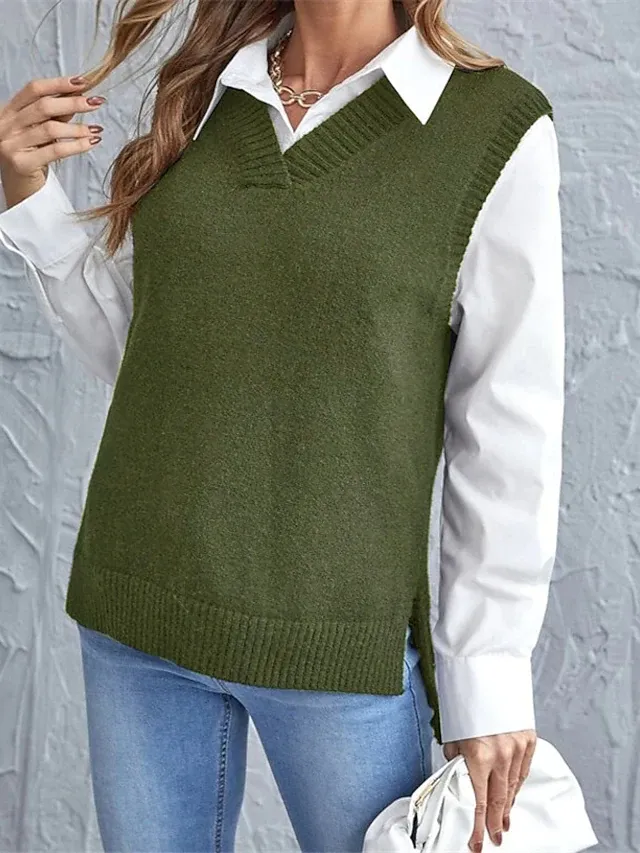 Women's Knitted Pure Color V Neck Sweater