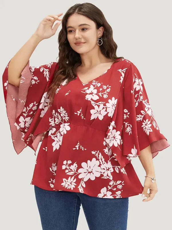 Floral Printed Plicated Detail Flutter Sleeve Blouse