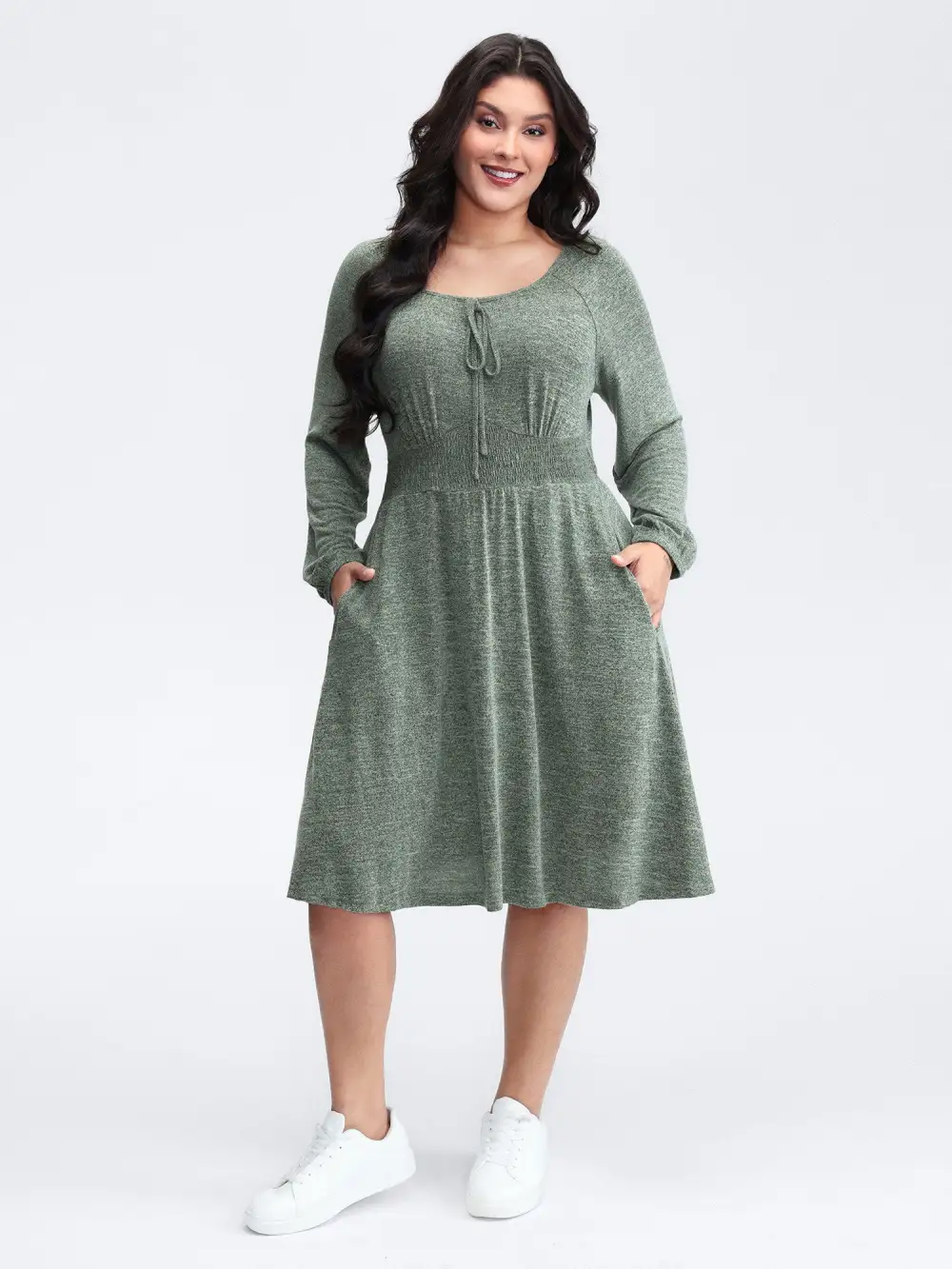 Knit Textured Stretchy Shirred Knee-Length Dress