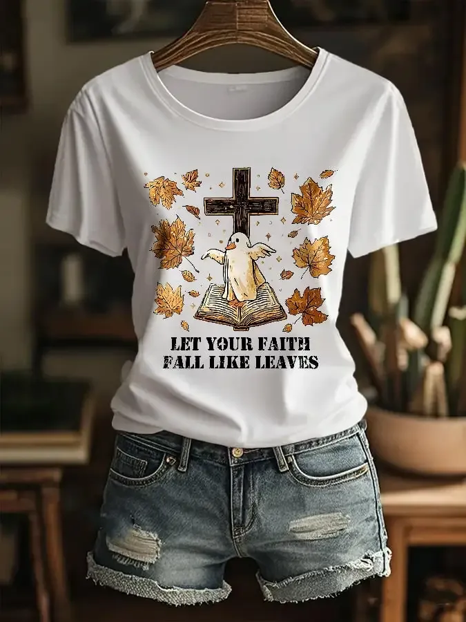 Women's Fall For Jesus He Never Leaves Print T-Shirt