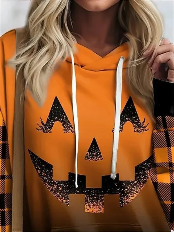 Women's Halloween Sweatshirt Pullover Active Sports Drawstring Front Pocket Orange Plaid Pumpkin Halloween Casual Hoodie Long Sleeve Top Micro-elastic Fall & Winter