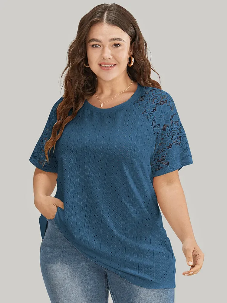 Solid Broderie Anglaise Lace Raglan Sleeve T-shirt
