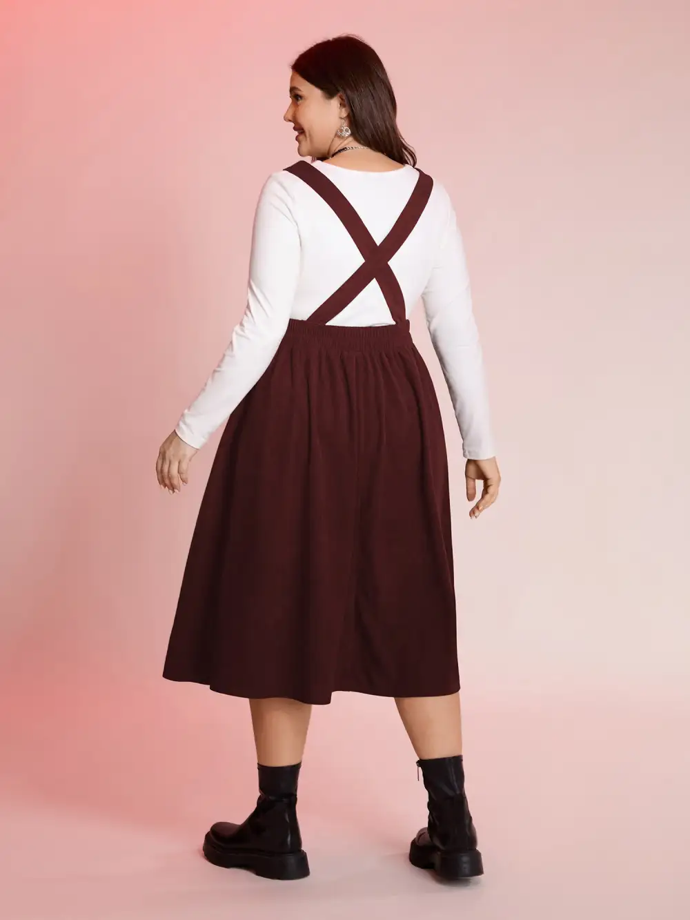 Happy Cat Embroidery Overall Straps Midi Dress