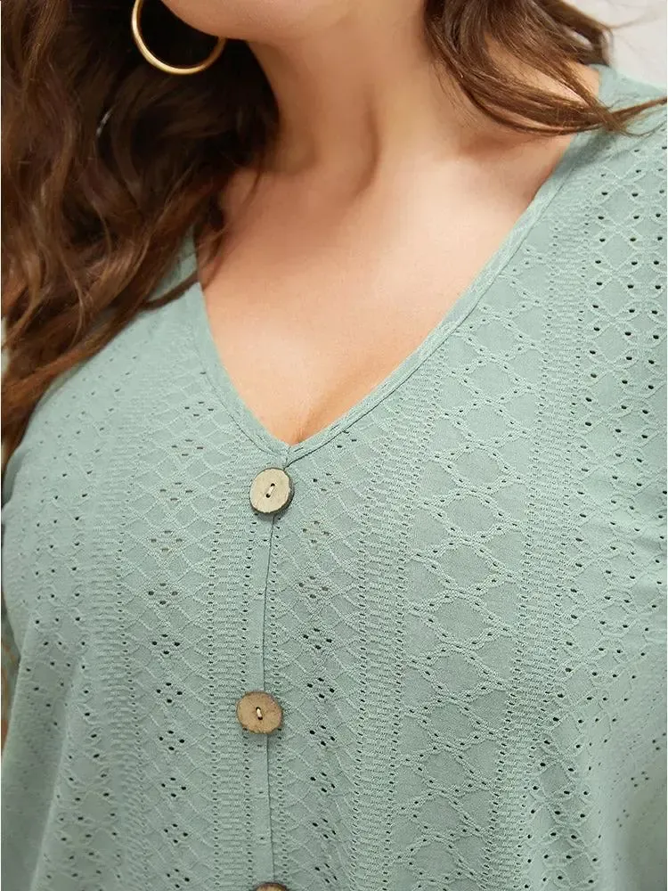 Plain Broderie Anglaise Shirred Puff Sleeve Button Detail T-shirt