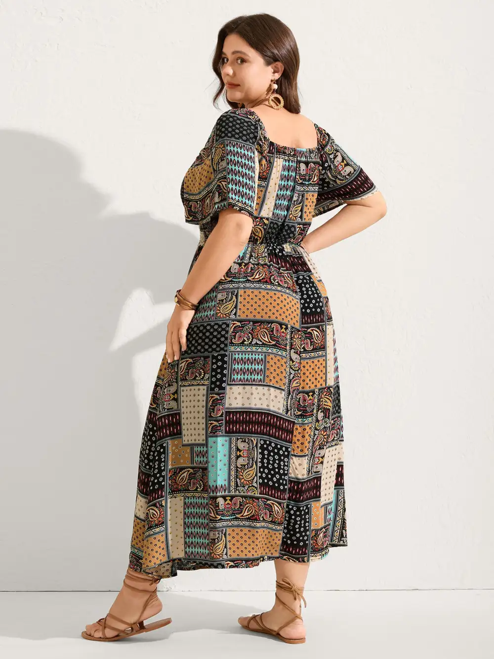 Paisley Floral Collage Shirred Pockets Midi Dress