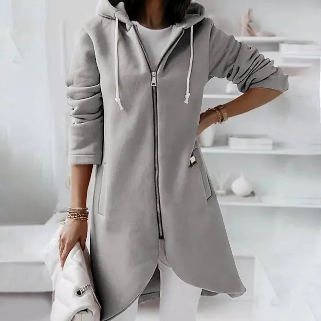 Women's Zip Hoodie Sweatshirt Fleece Sports Streetwear Pullover Pocket Drawstring Zip Up Black Pink Red Solid Color Street Casual Hoodie Long Sleeve Top Fleece lined Micro-elastic Fall & Winter