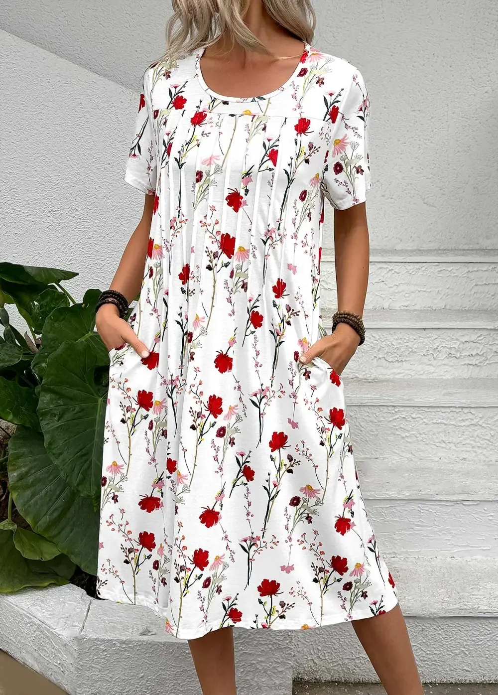 White Tuck Stitch Floral Print A Line Dress