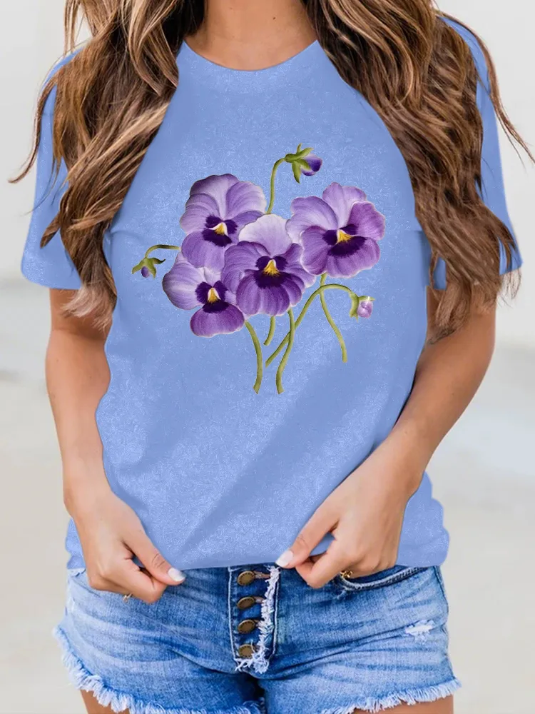 Women'S Floral Print Alzheimer'S Awareness Round-Neck Short-Sleeved T-Shirt