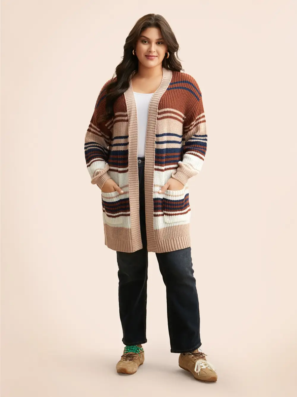Contrast Striped Pocket Drop Shoulder Cardigan