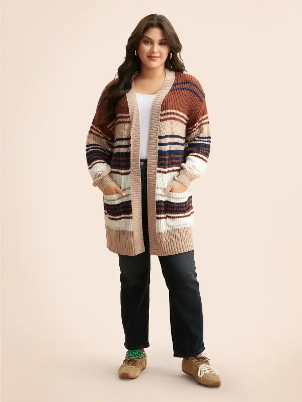 Contrast Striped Pocket Drop Shoulder Cardigan