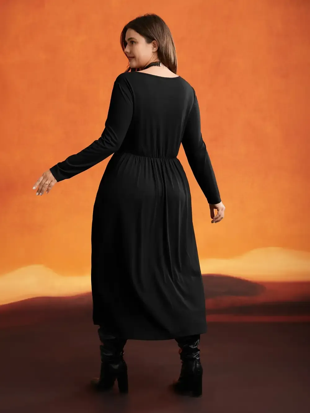 Stretchy Knit Adjustable Tie Frill Trim Midi Dress