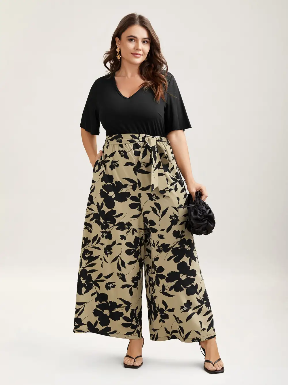 Floral Print Spliced Belted Wide-Leg Jumpsuit