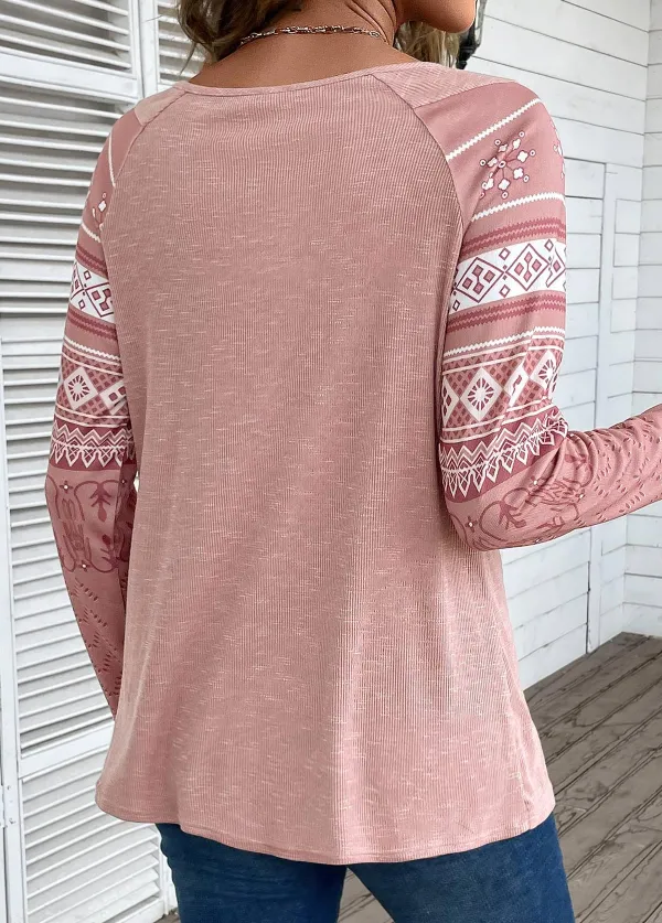 Pink Lace Tribal Print Long Sleeve T Shirt