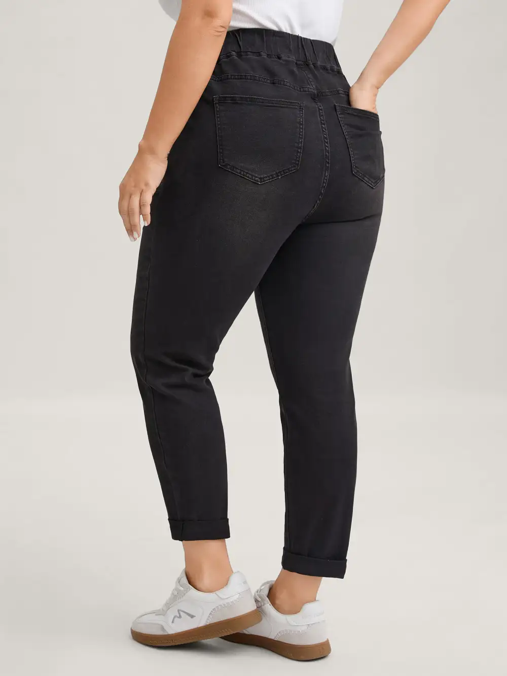 Drawstring Elastic Waist Roll Hem Jeans