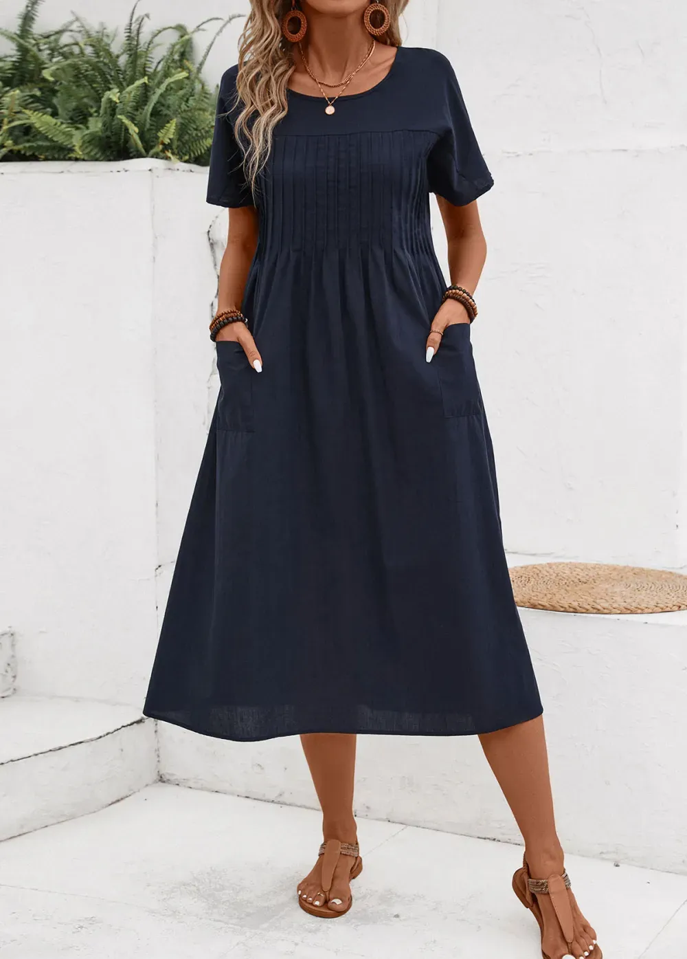 Navy Tuck Stitch Short Sleeve Round Neck Dress