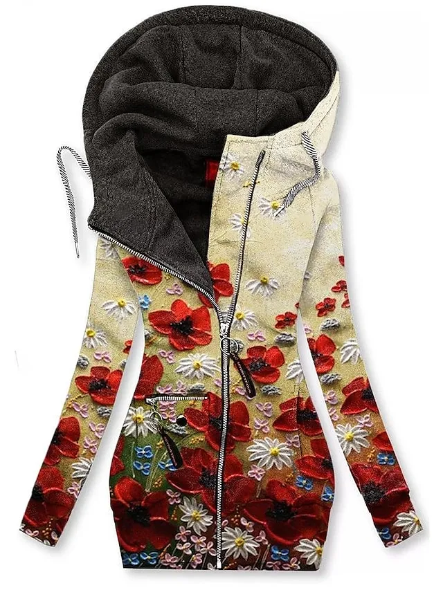 Women's Zip Hoodie Sweatshirt Sports Basic Drawstring Zip Up Front Pocket Black Pink Navy Blue Floral Geometric Butterfly Street Casual Hoodie Long Sleeve Top Micro-elastic Fall & Winter