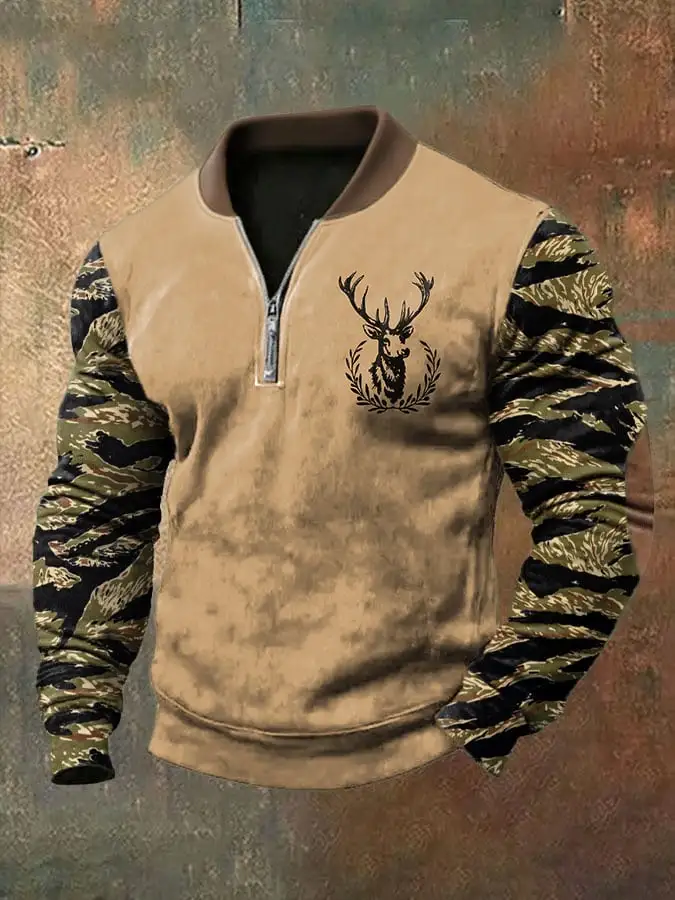 Men's Vintage Western Elk Print Zip-Up Sweatshirt