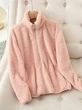 Women's Sherpa Jacket Comfortable Breathable Zipper Pocket Casual Plain Vacation Street Casual Daily Wear Zipper Regular Stand Collar Regular Fit Long Sleeve Outerwear White Pink Blue Spring Fall