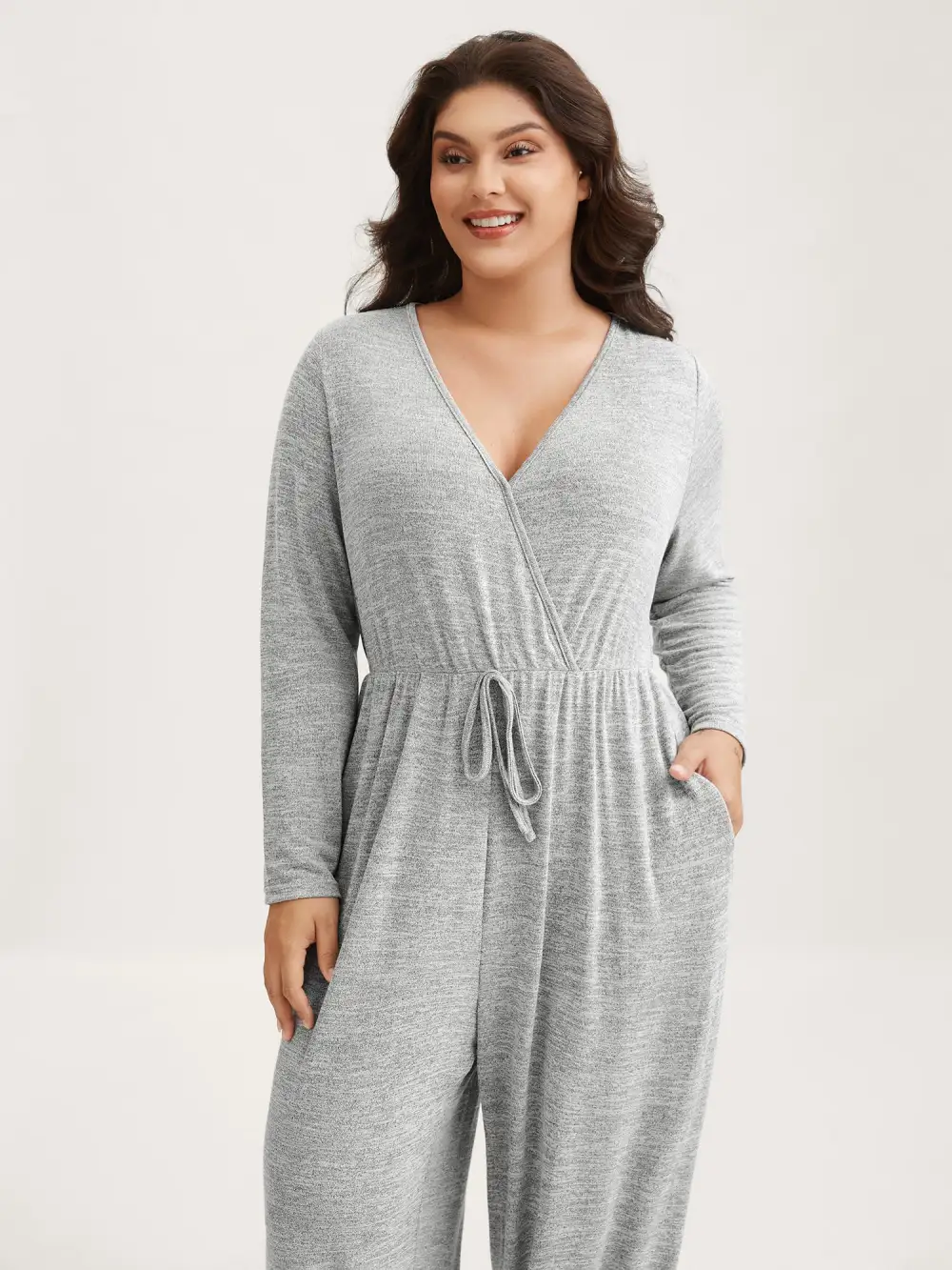 Elastic Waist Overlap Collar Lounge Jumpsuit